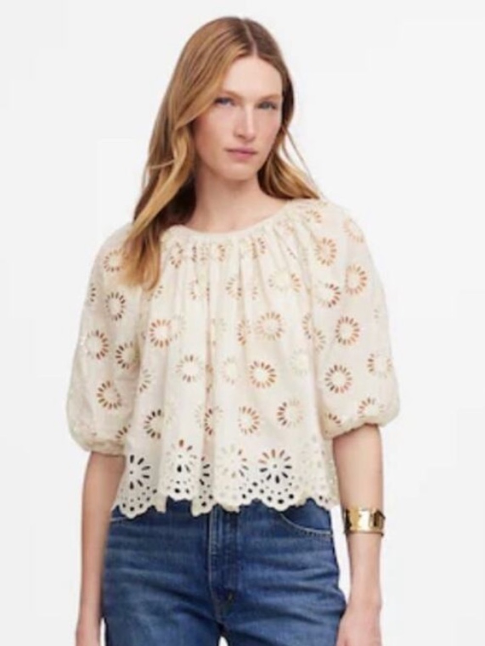 Madewell Eyelet Embroidered Floral Eyelet Shirred Puff-Sleeve Top in Cream